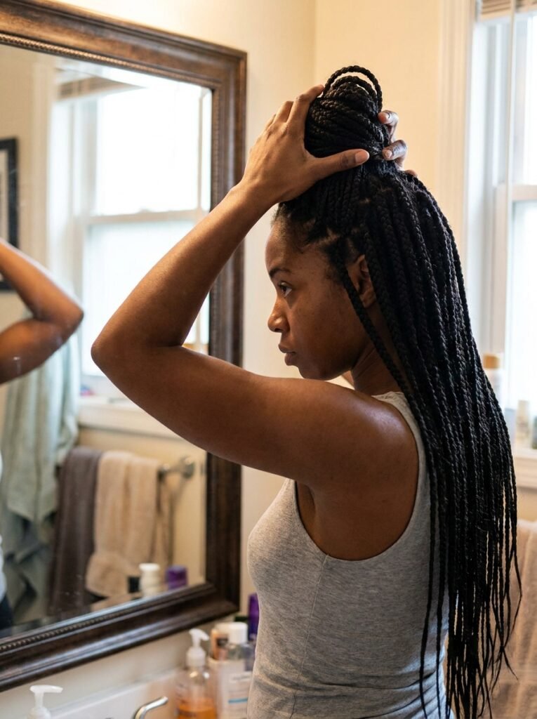 Woman styling her box braids into a high bun at home.