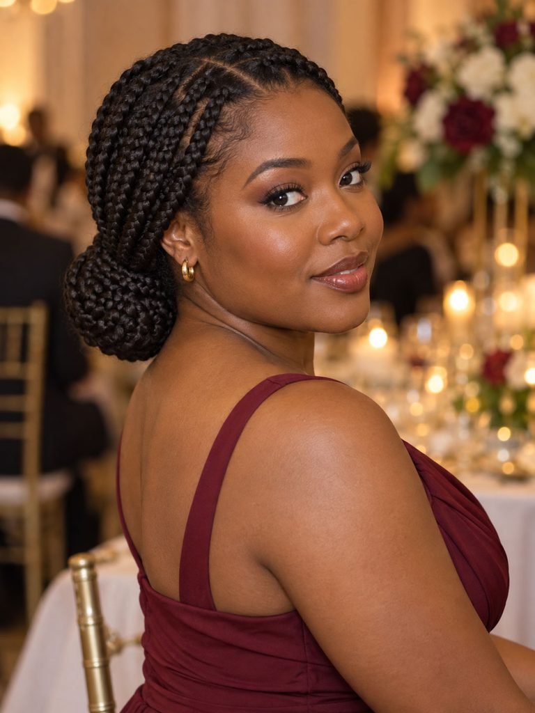 Medium box braids gathered into a broad low bun with a relaxed hairline