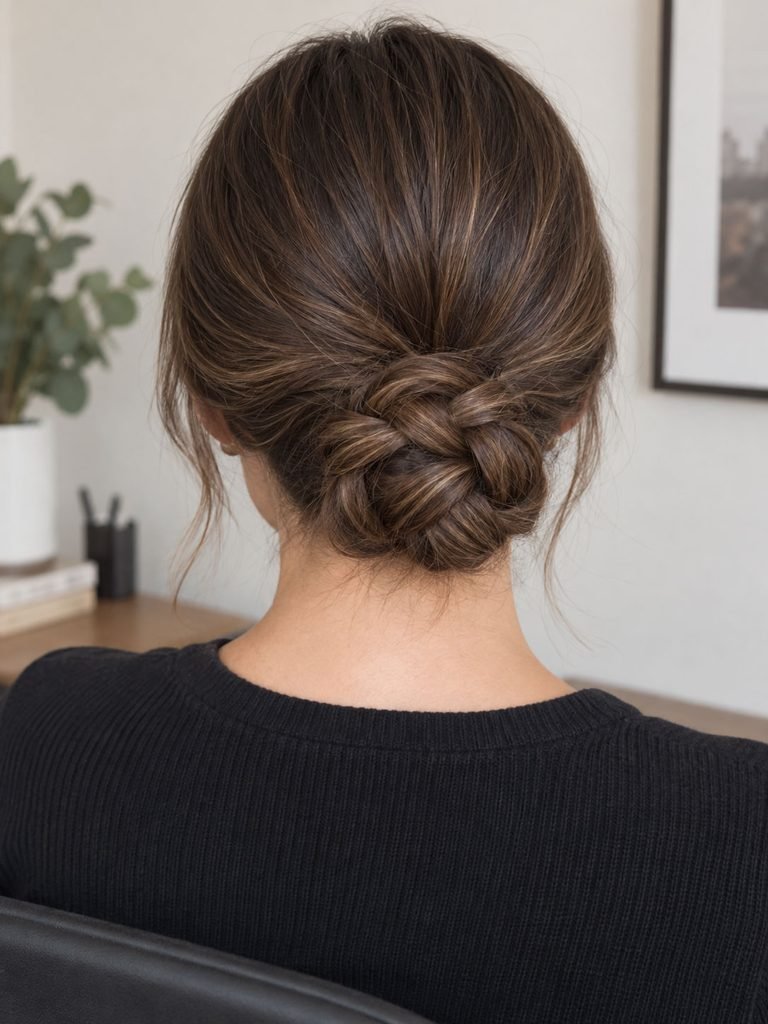 Three strand braid wrapped into a neat low bun at the nape