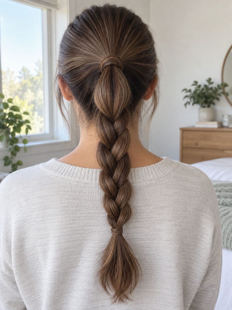 Medium height ponytail braided into a simple three strand plait