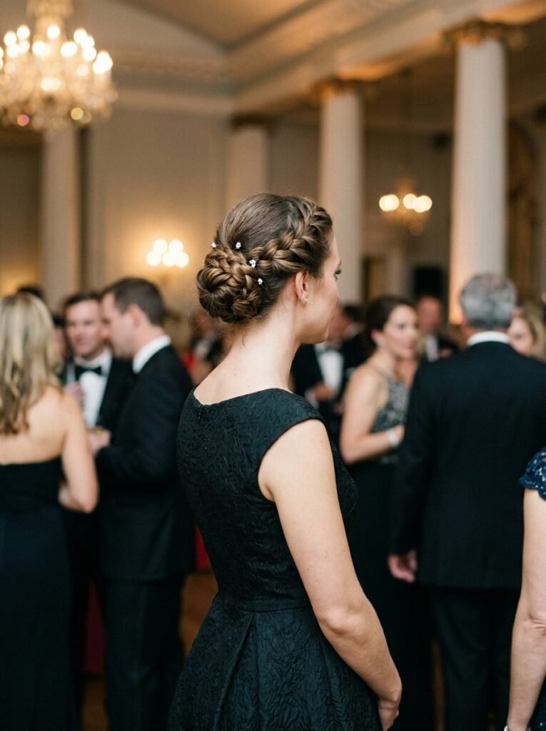 Braided updo styled for a formal evening event.