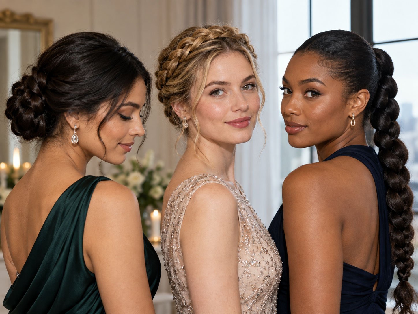 Three women wearing a low braided bun, crown braid, and polished braided ponytail for a formal event