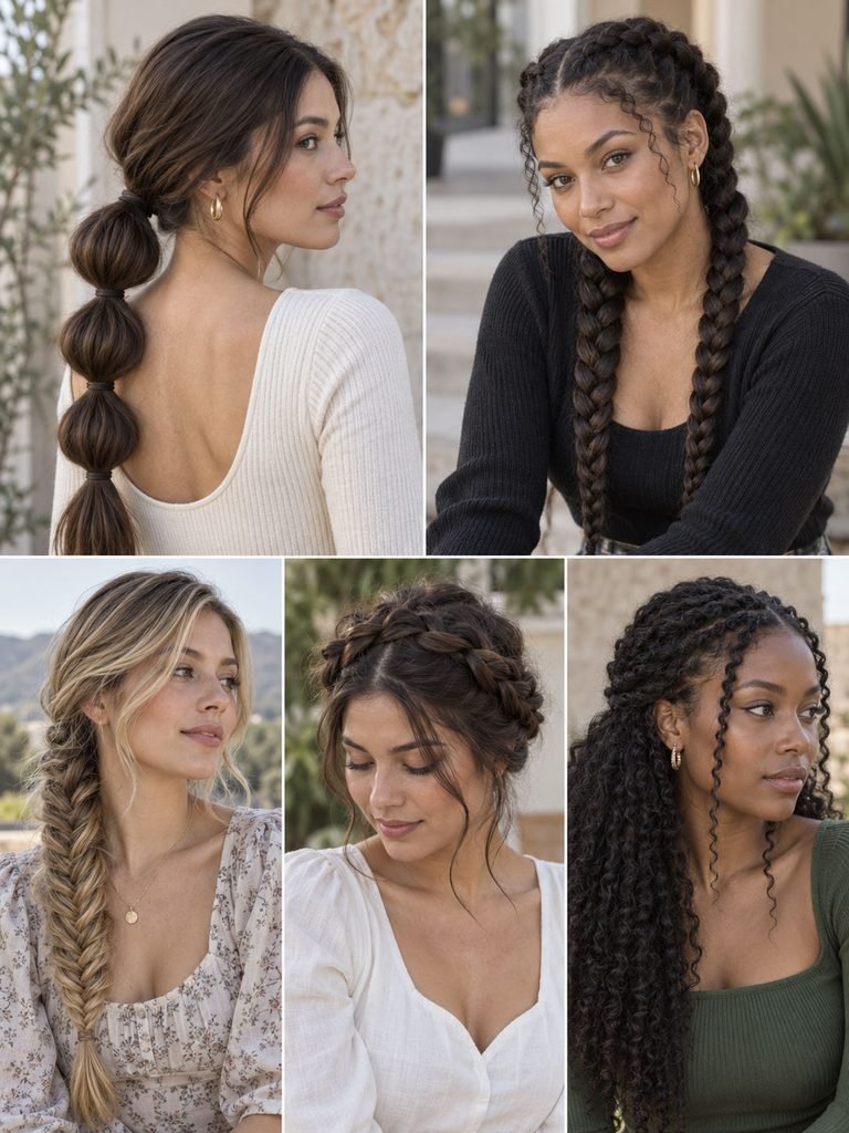 Long hair in a bubble ponytail, Dutch braids, fishtail braid, crown braid, and front twists