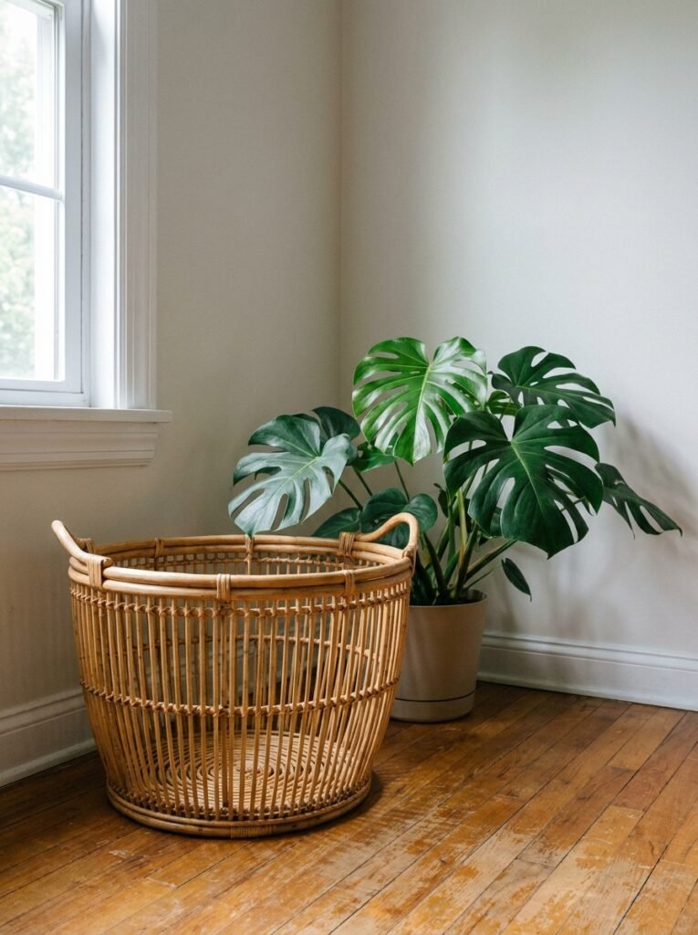 Woven basket and leafy potted plant in a bright living room corner