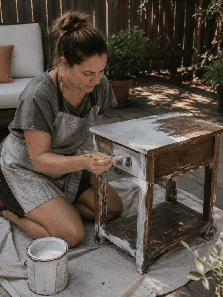 Woman repainting an old side table as a budget friendly patio decor project
