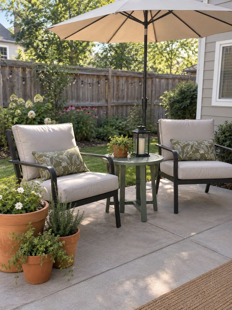 Simple backyard patio refreshed with reused planters, comfortable chairs and a repainted outdoor side table