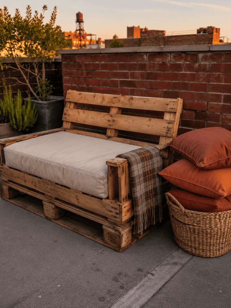 DIY pallet sofa with canvas cushions and a basket of floor pillows on an American rooftop
