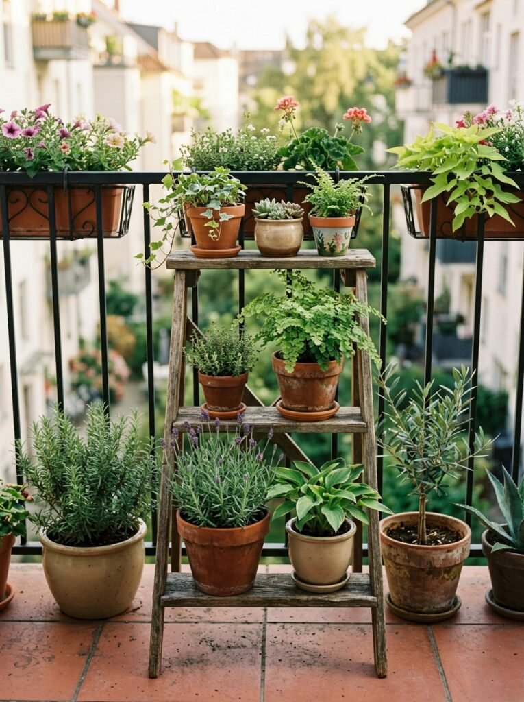 Balcony plant ladder arranging pots at different heights to build layers of greenery in a small space