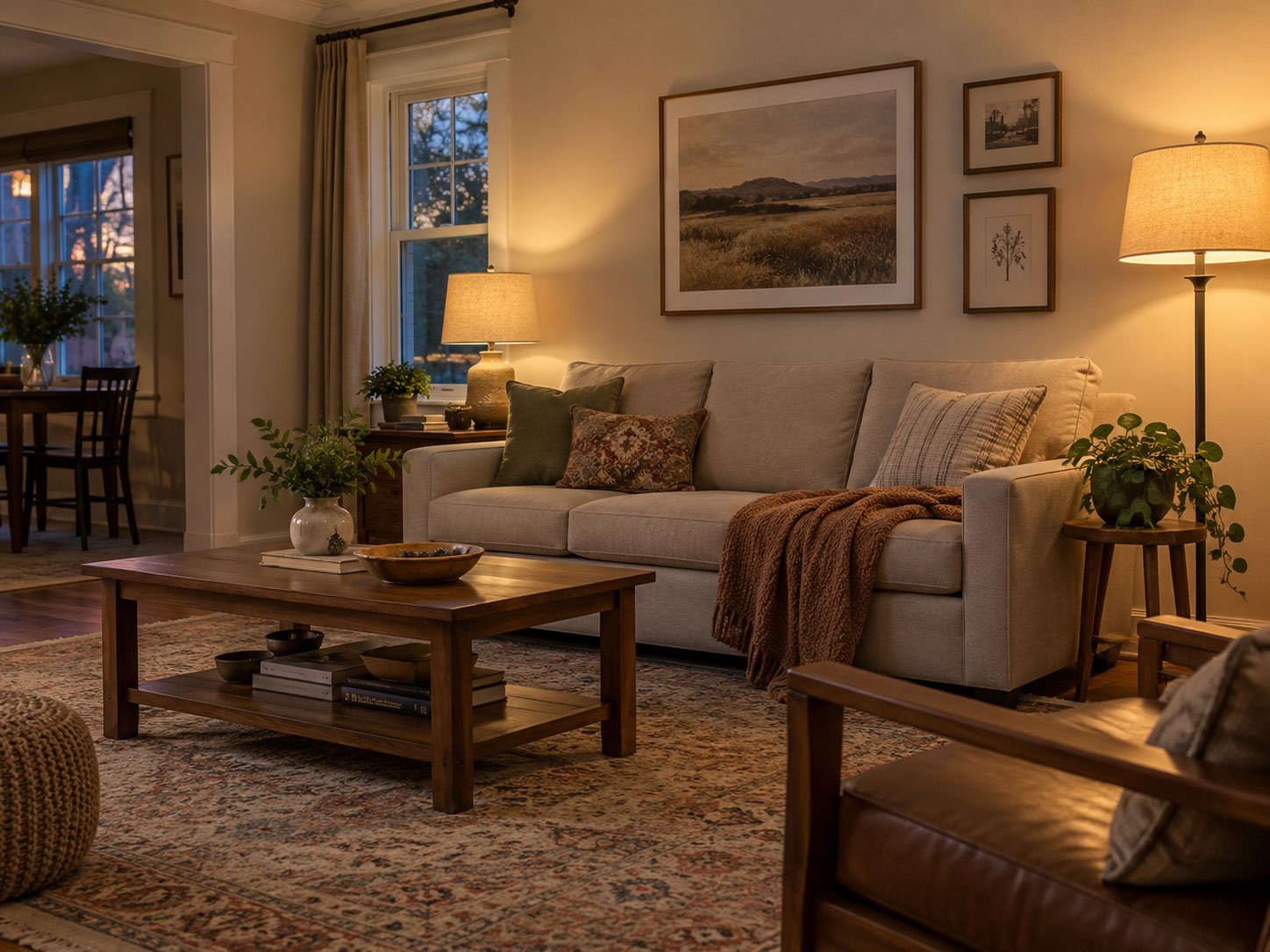Cozy living room with warm lamps, a textured sofa, wood furniture and a neutral rug