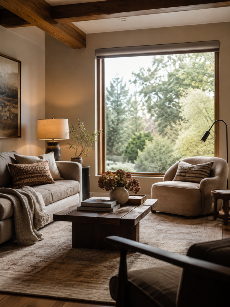 Cozy living room with bare windows, warm lighting, soft furnishings, and layered textures instead of curtains