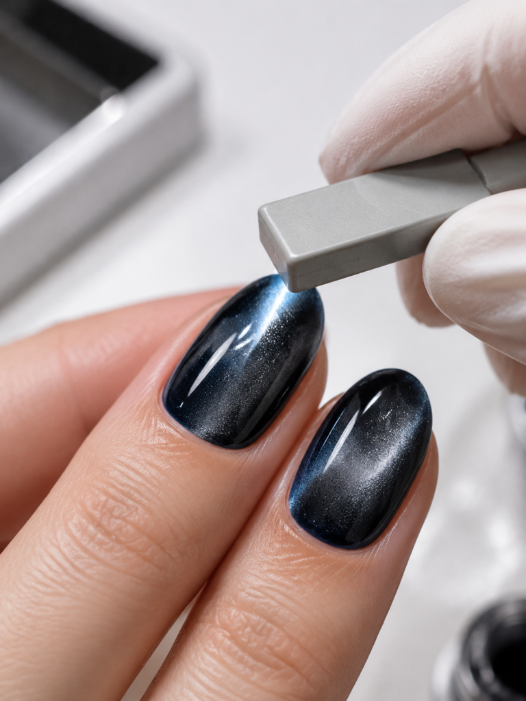 Nail magnet creating a reflective glow in cat eye gel polish.