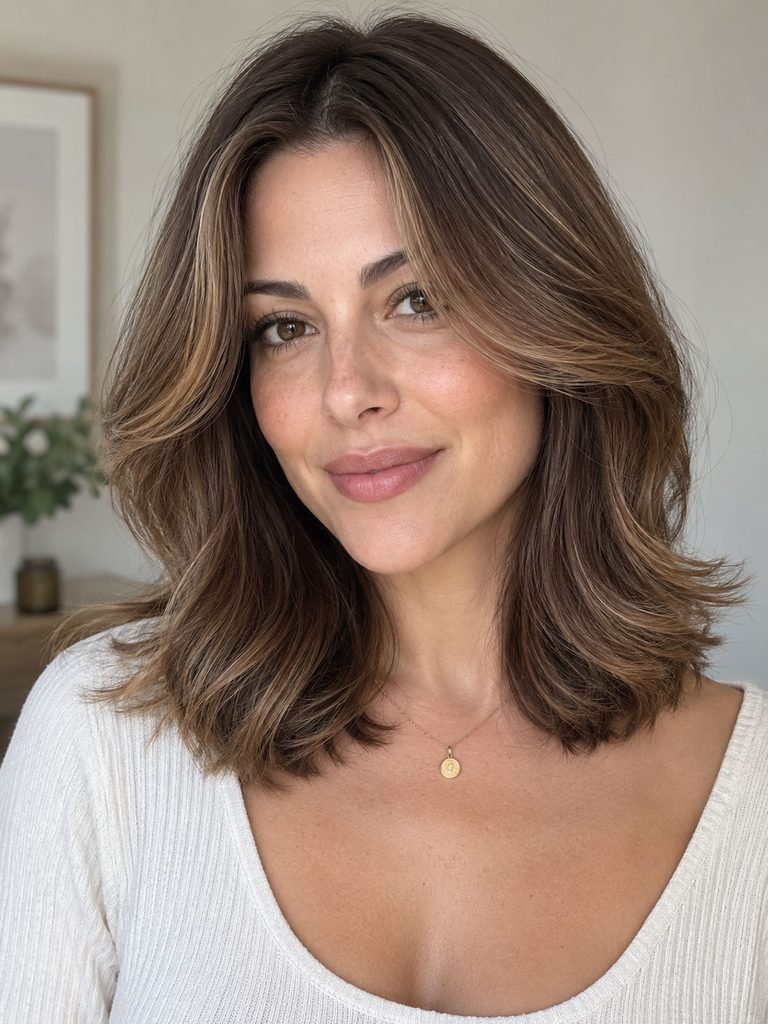 Medium hair with center parted curtain layers opening around the cheekbones