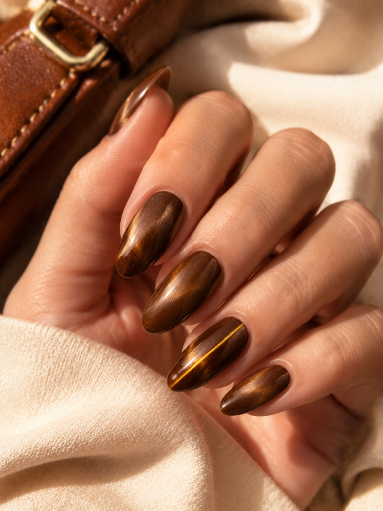 Chocolate brown cat eye nails with warm gold magnetic shimmer.