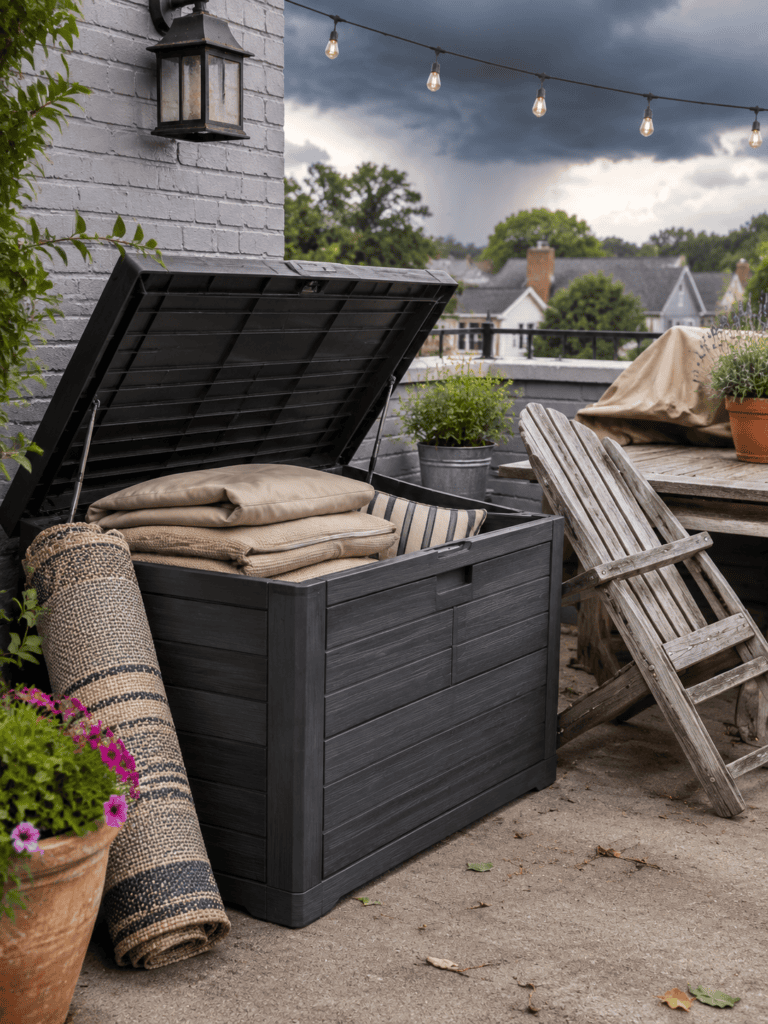 Deck storage box packed with outdoor cushions on a rooftop as storm clouds gather