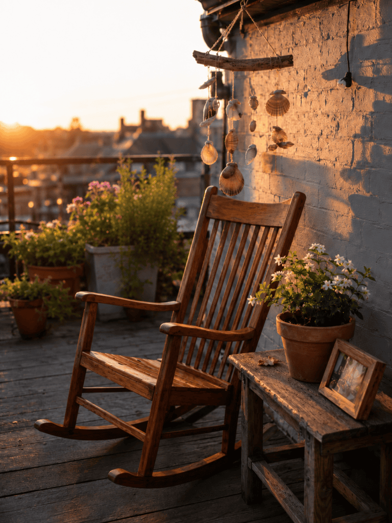 Weatherproof rattan chair and metal side table on a rooftop terrace