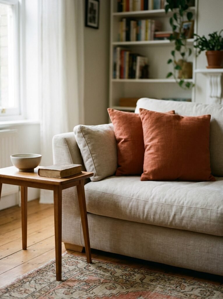 Cozy living room corner with warm terracotta cushions and wooden accents