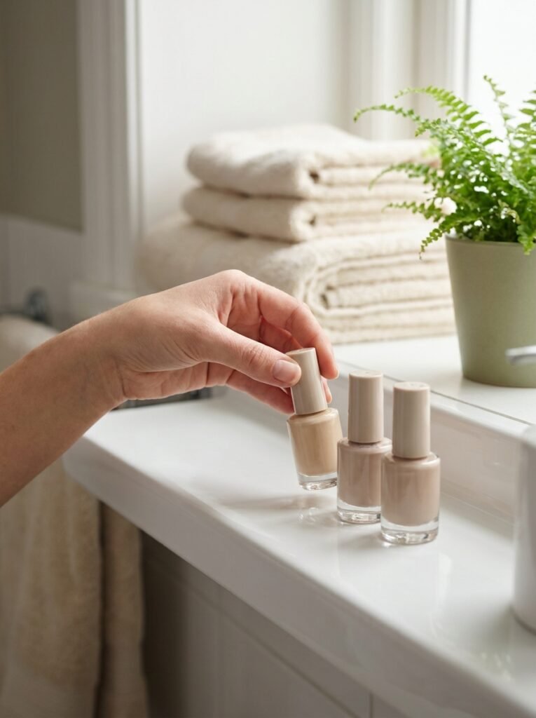 Three neutral nail polish shades arranged in a row on a bathroom shelf