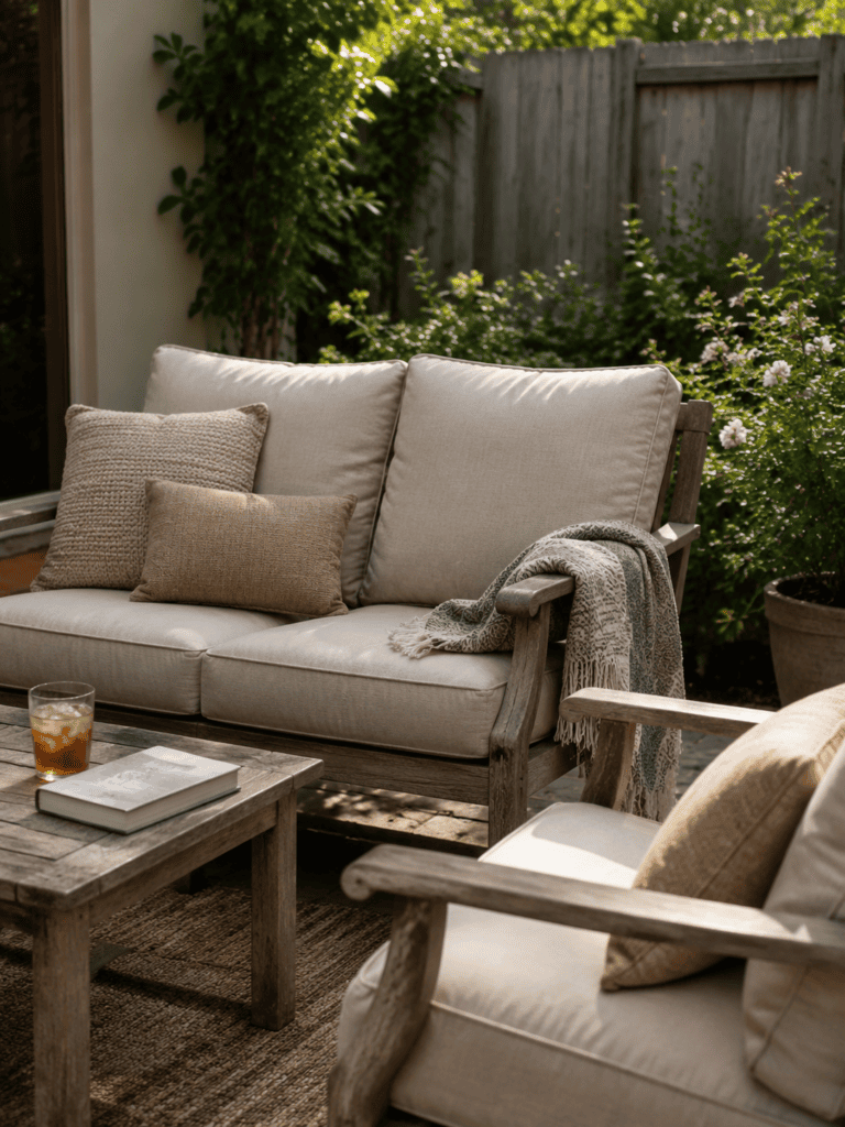 Cushioned outdoor loveseat and chair arranged on a cozy backyard patio