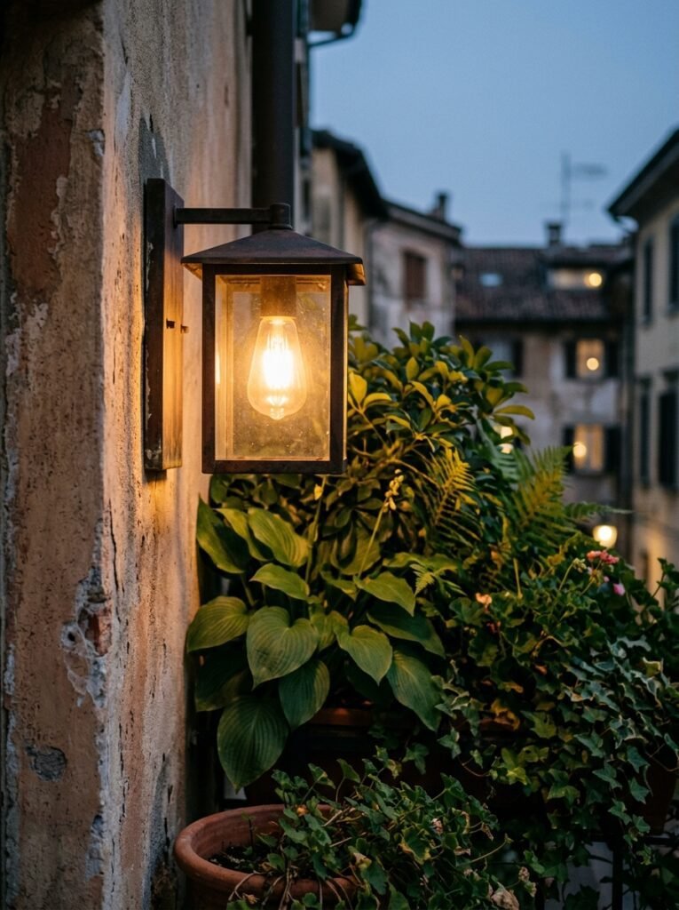A warm white bulb glowing softly on a balcony at dusk showing the difference from harsh white light
