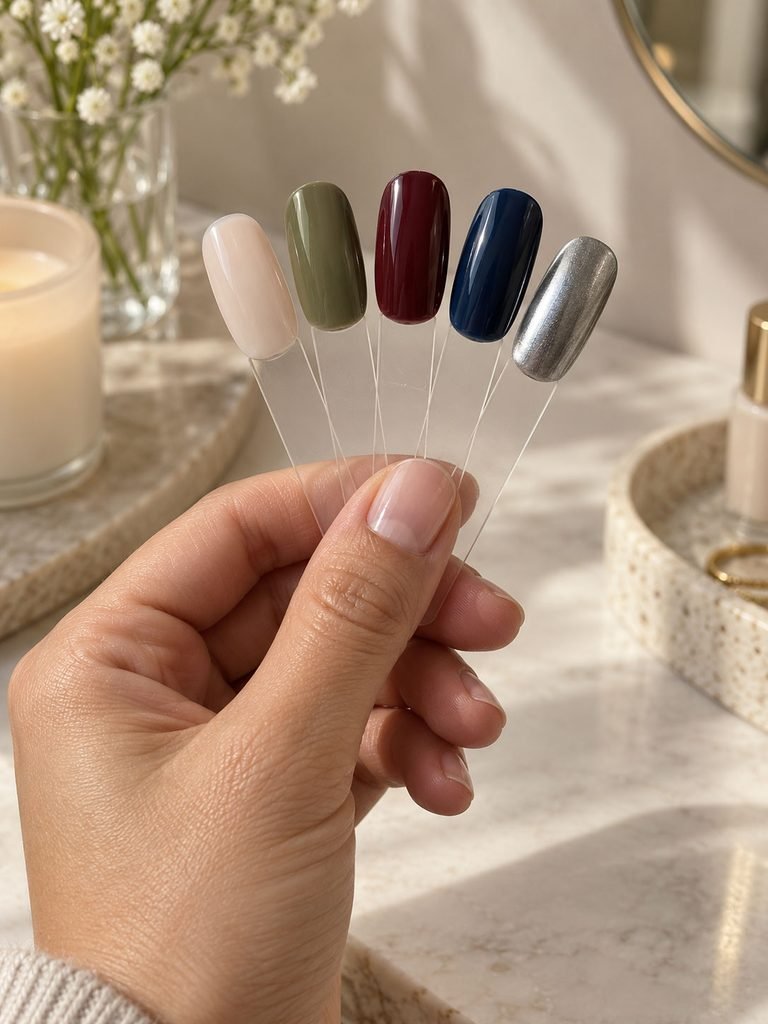 Hand comparing milky nude, olive, burgundy, sapphire, and silver nail swatches