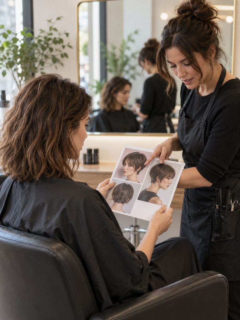 Client and stylist comparing short haircut reference photos during a consultation