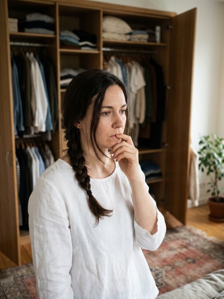 Woman choosing a braid style while getting ready in front of her closet.