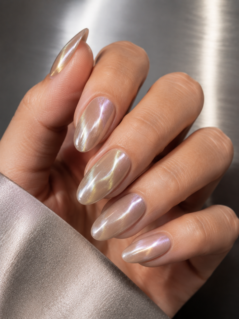 Neutral cat eye nails layered with a soft silver chrome finish.