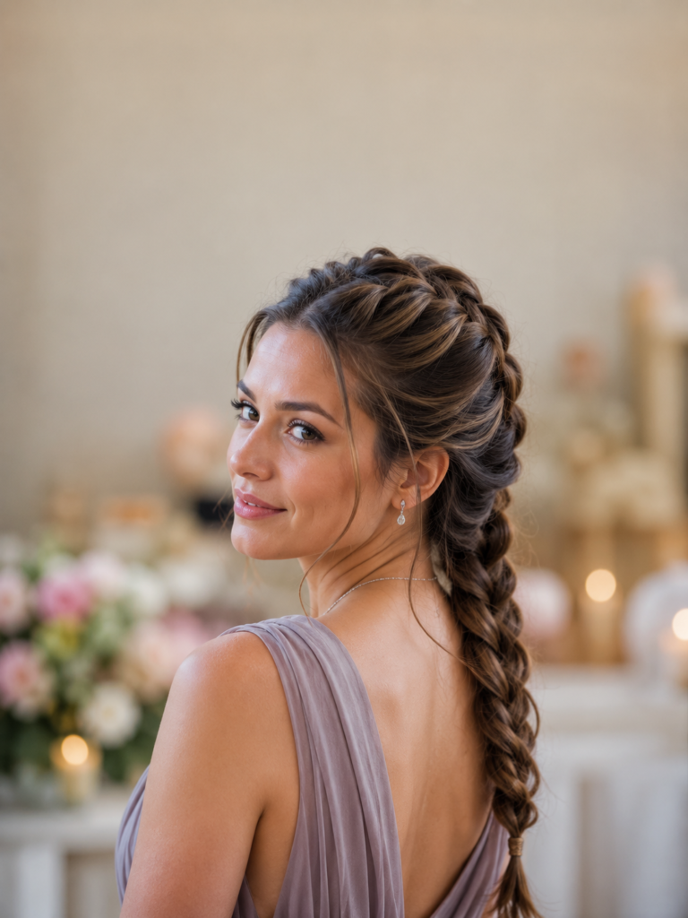 Classic French braid viewed from behind in natural indoor light.