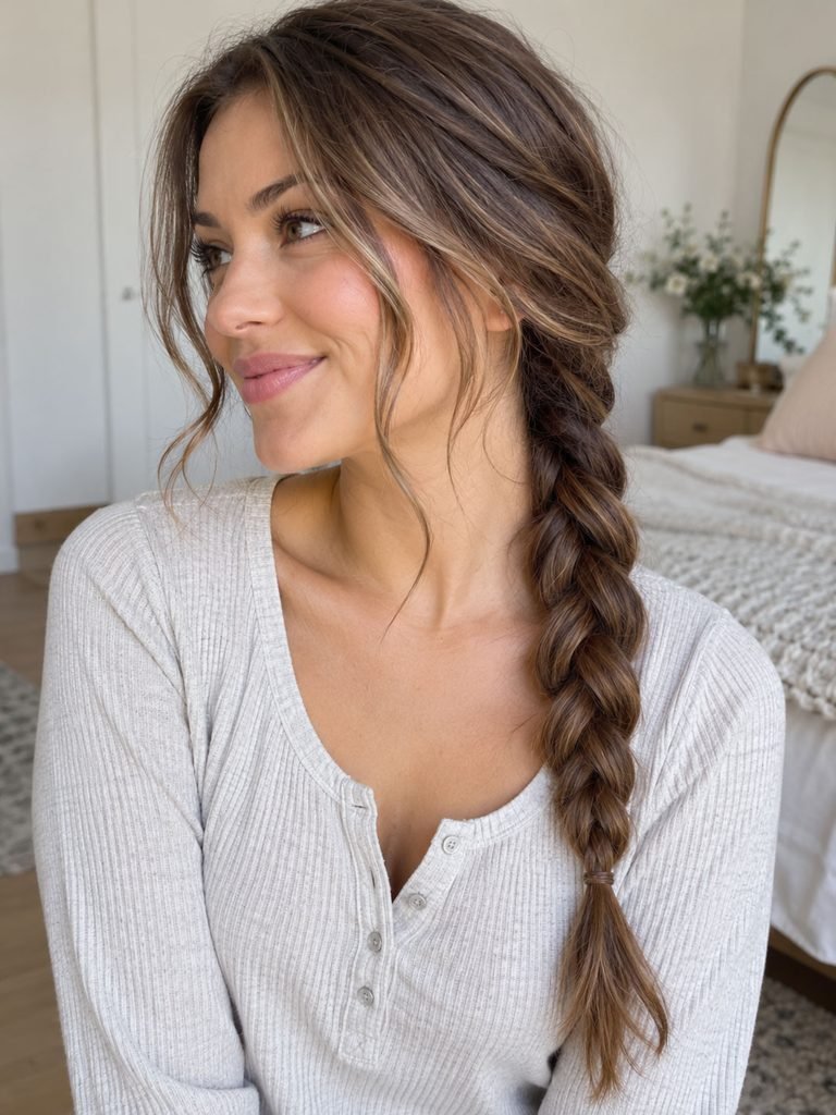 Long wavy hair styled into a relaxed three strand braid over one shoulder