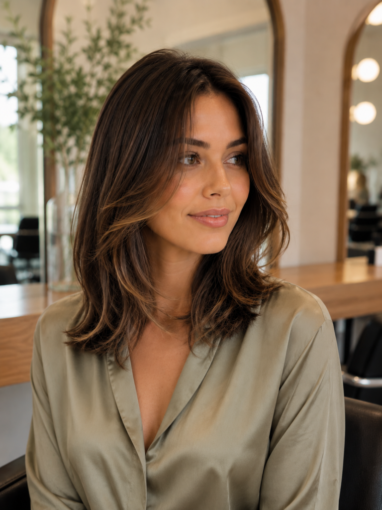 Collarbone-length hair with soft face-framing layers beginning below the chin.