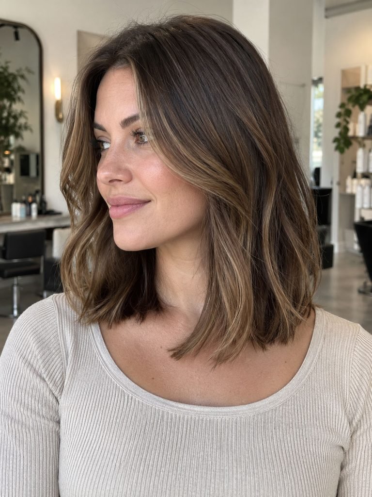 Collarbone length hair with long face framing pieces beginning below the chin
