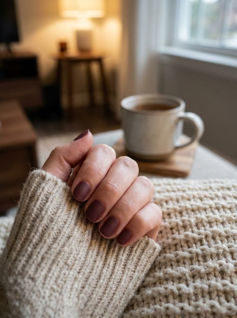 Muted burgundy manicure on a hand resting on a knit blanket in soft lamp light