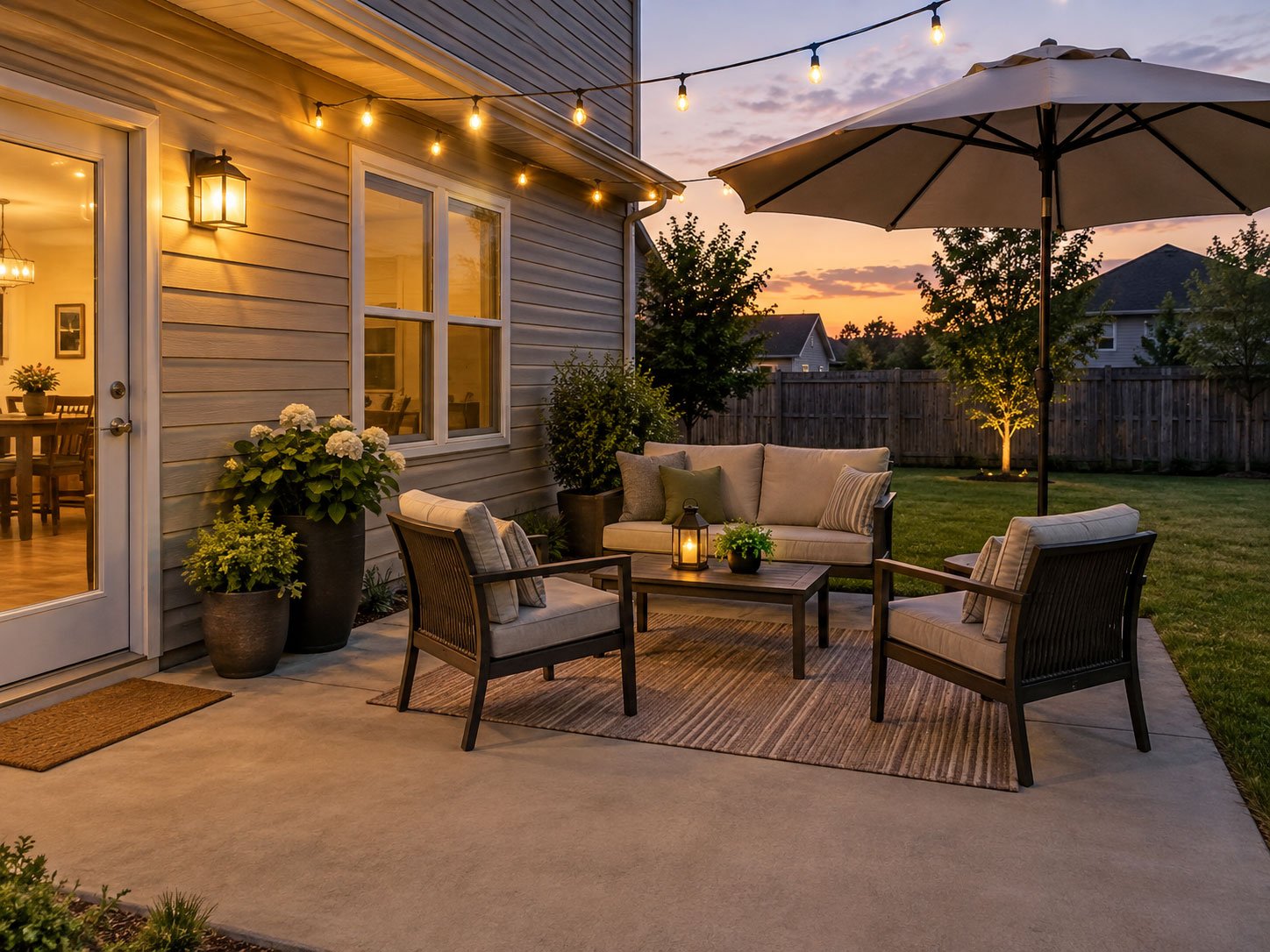Backyard patio with cushioned seating, an outdoor rug, potted plants, an umbrella and warm evening lights