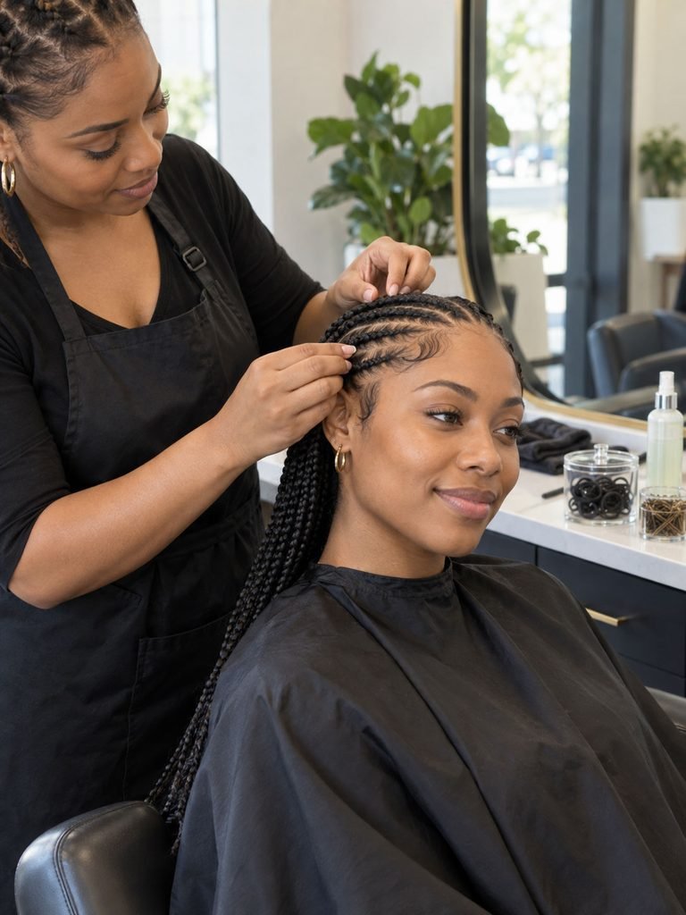 Stylist checking a finished braid near the hairline while keeping the tension comfortable