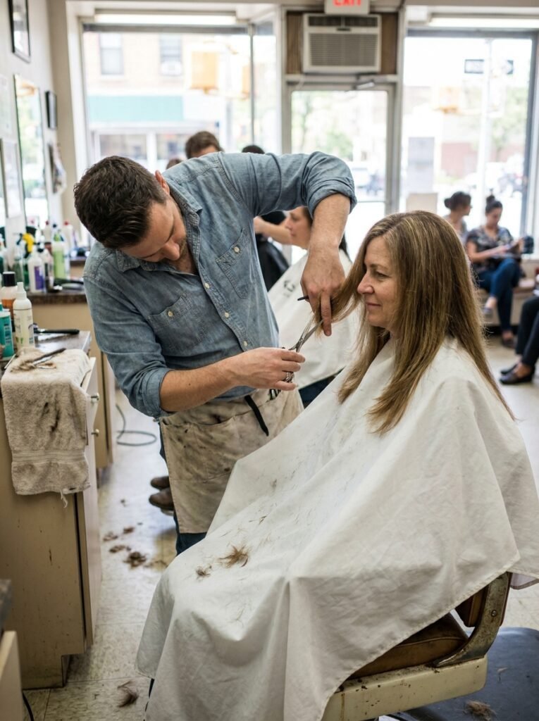 Stylist trimming grown out layers to restore their shape