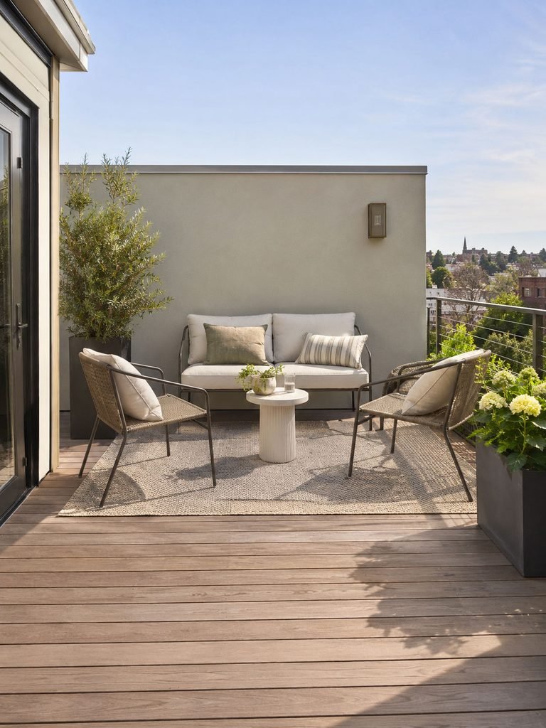 Small rooftop lounge arranged around a compact loveseat with an open walking path