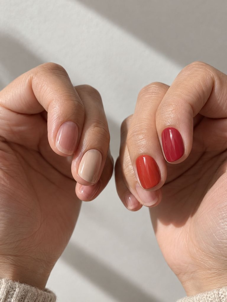 Hands comparing sheer and opaque warm and cool nail polish finishes