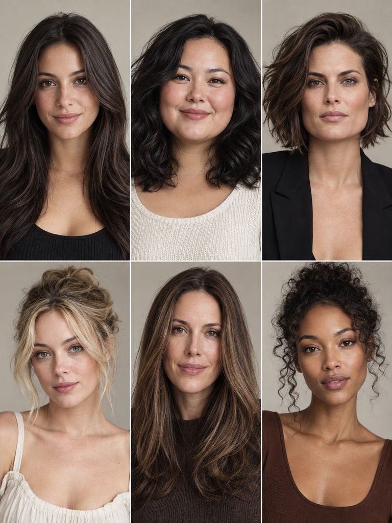 Six women with different face proportions wearing varied soft layered hairstyles
