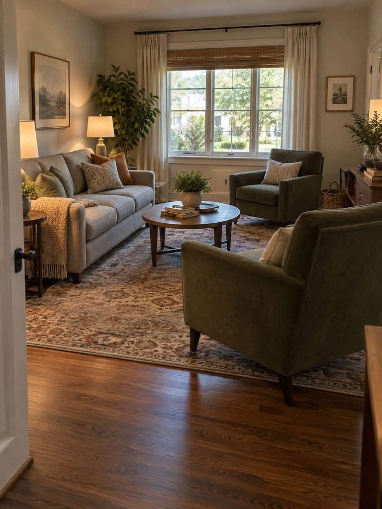 Sofa and two chairs arranged around a coffee table with a clear walking route