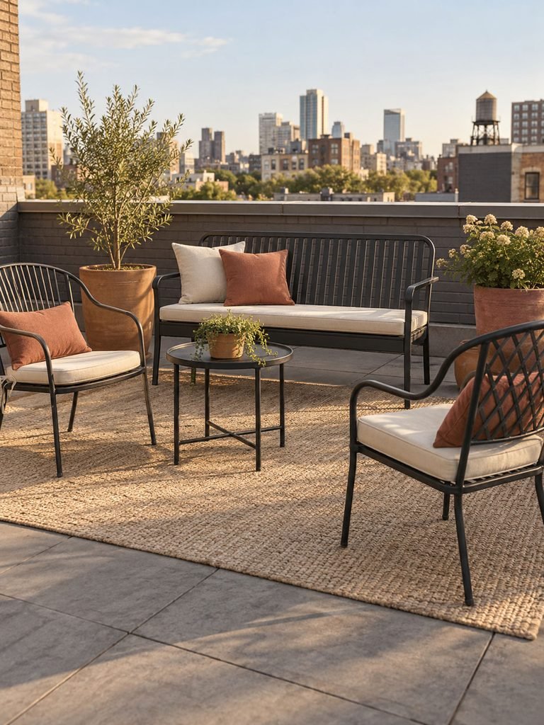 Secondhand metal bench and chairs styled with matching neutral cushions and planters