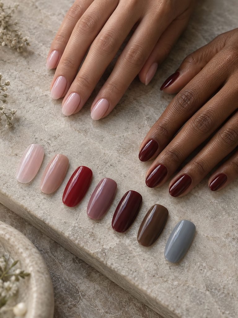 Realistic nail swatches in sheer pink, nude, red, mauve, burgundy, brown, and blue gray