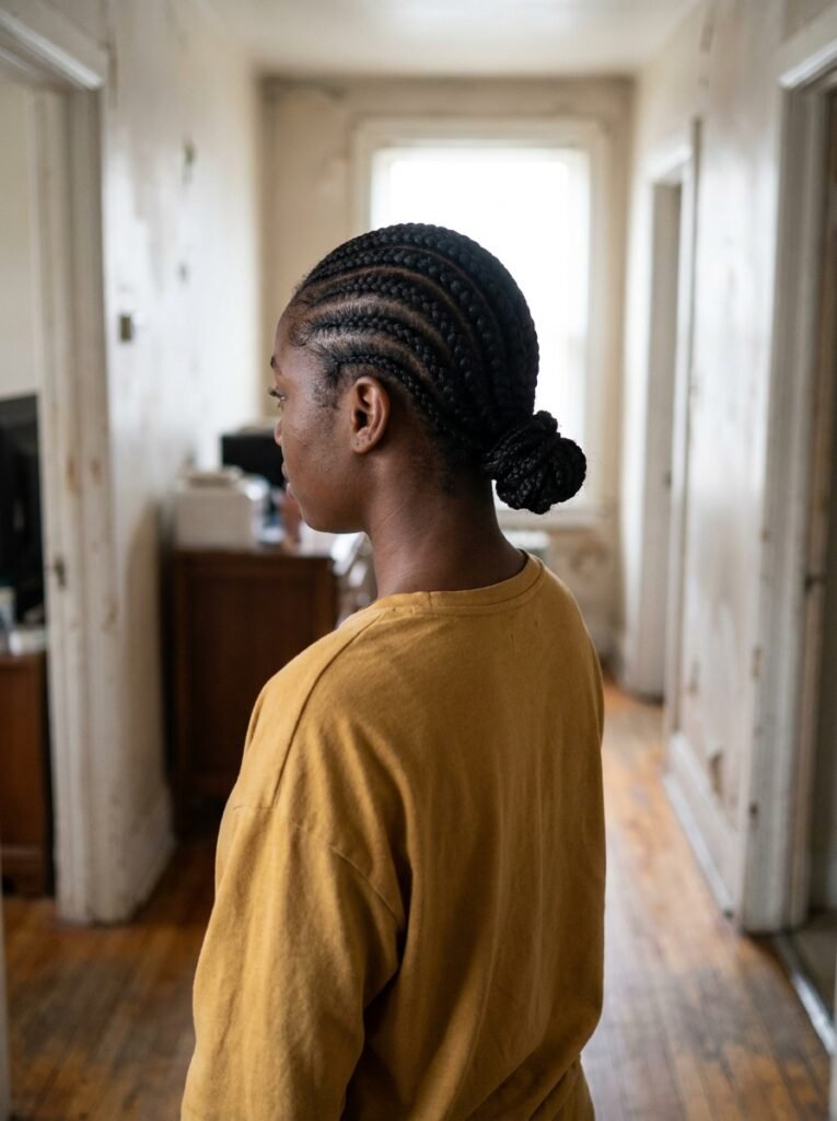 Young woman with cornrows styled into a low bun.