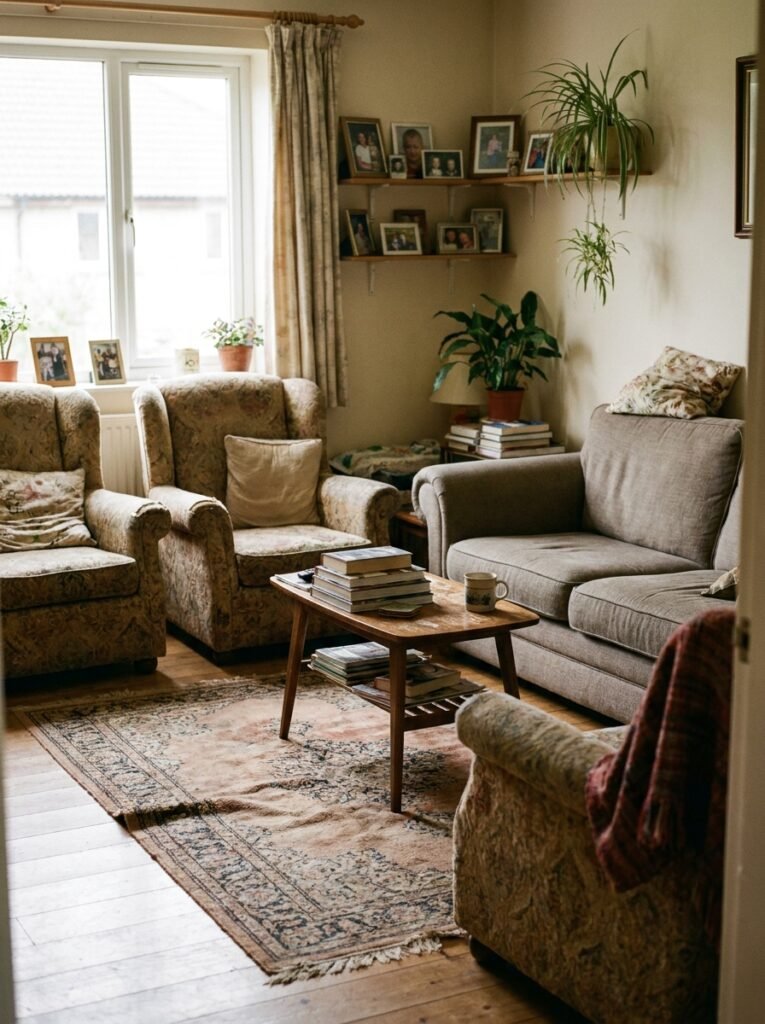 Two chairs angled toward a sofa around a small coffee table