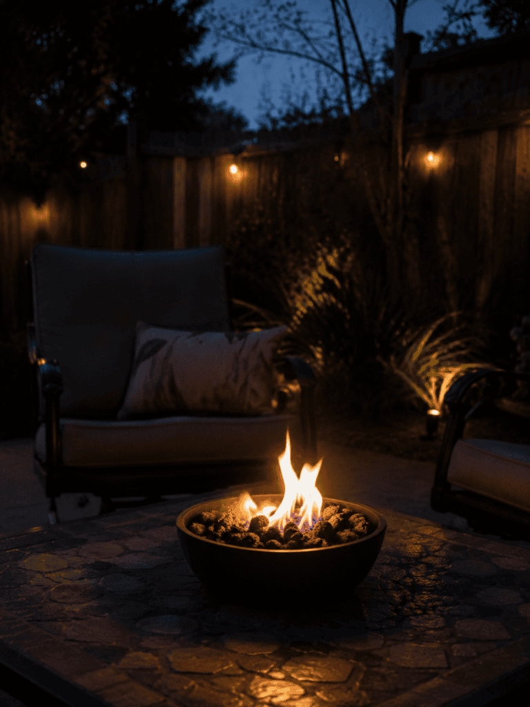 Small tabletop fire bowl glowing on a patio table during evening