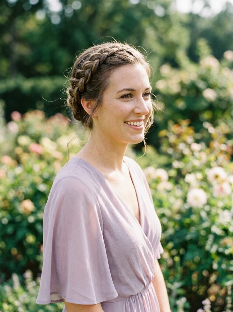 Bridesmaid with a crown braid at an outdoor garden ceremony.