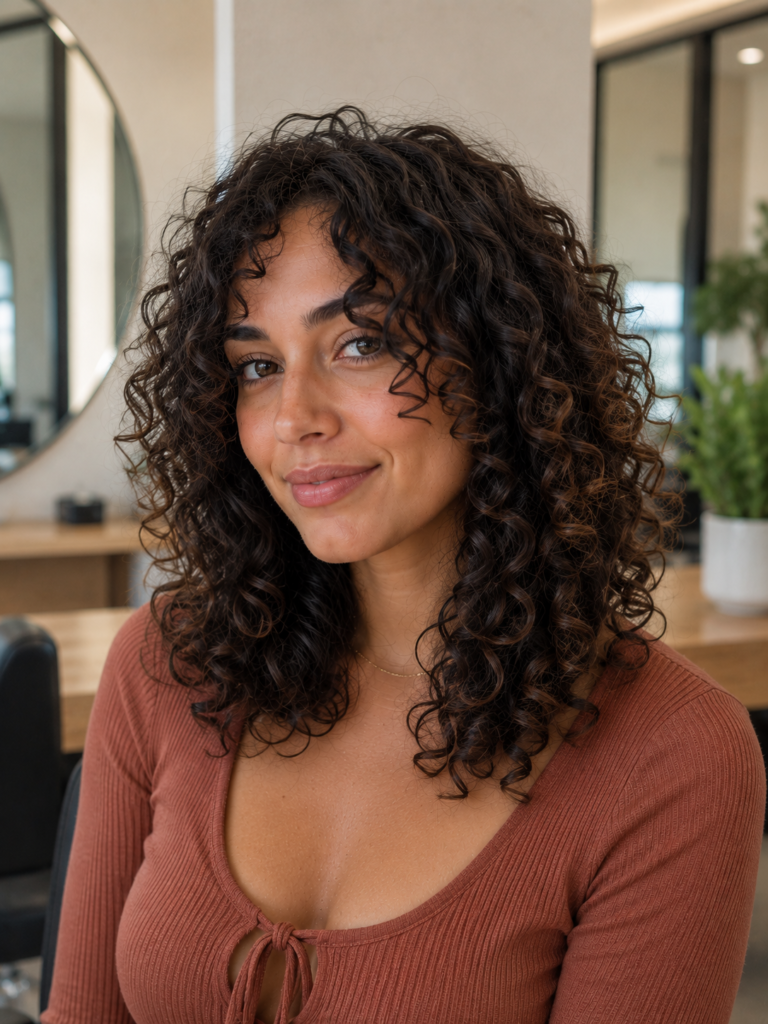 Medium curly hairstyle with defined layers carefully shaped around the face.