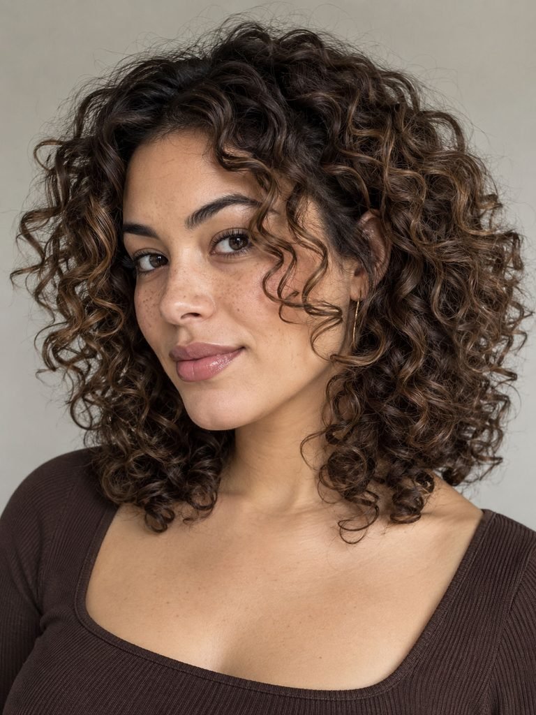 Medium curly hair with face framing curls finishing around the cheek and jaw