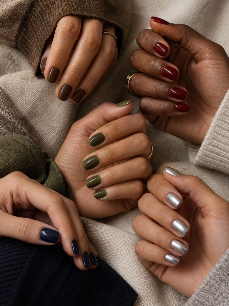 Hands wearing suede brown, cherry, olive, sapphire, and silver nail colors