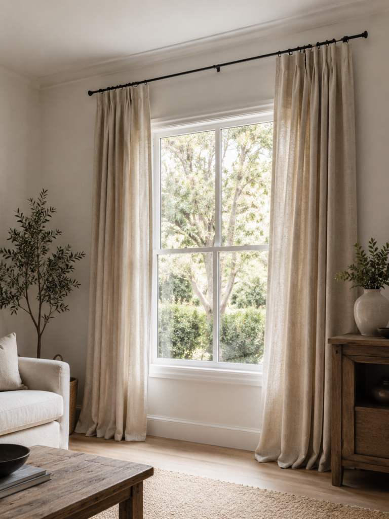 Floor-length oatmeal linen curtains on a rod mounted near the ceiling, extending past the window frame so the open panels rest against the wall