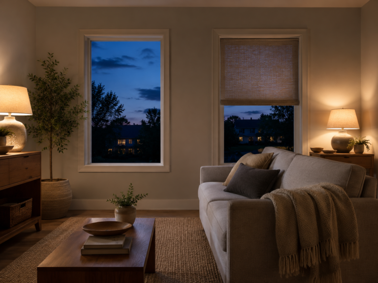 Living room at dusk with one window left bare and a second window fitted with a light shade, lamps lit and a sofa angled away from the glass